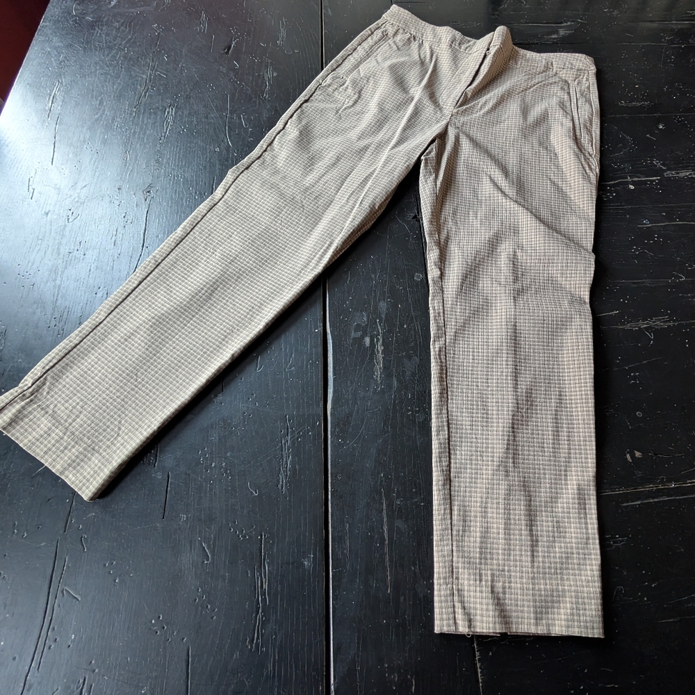 Worthington Women's Plaid Tan Pants Slim Leg Slit Ankle Size 8P Preppy Modern